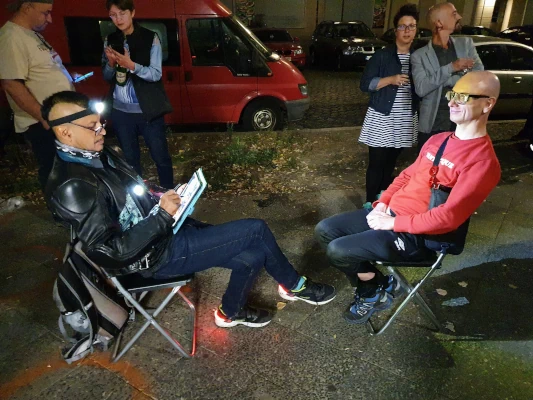 "turbojambon drawn by various artists on tablet", performance by Patrick Jambon in Berlin, 2020 - 2021.