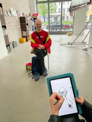 "turbojambon drawn by various artists on tablet", performance by Patrick Jambon in Berlin, 2020 - 2021.